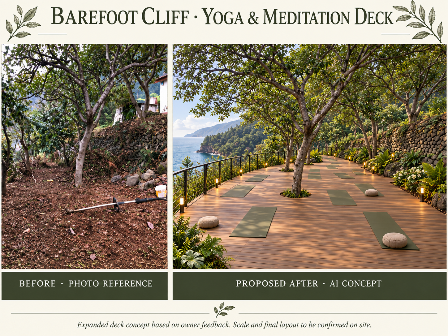 Expanded yoga deck concept beside a reference view of the existing garden